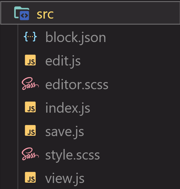 A list of files found in the block plugin’s src directory.