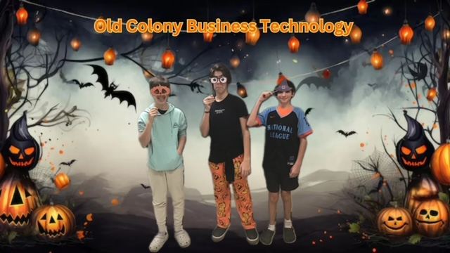 image of students visiting Old Colony with a spooky background and text of Old Colony Business Technology