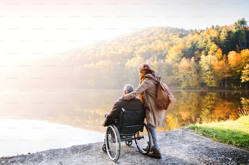 A senior in a wheelchair with a woman sightseeing