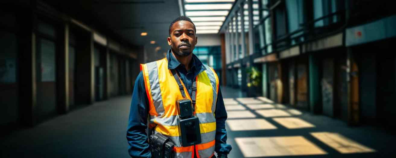 A migrant in the UK security industry, patrolling an area while on duty.