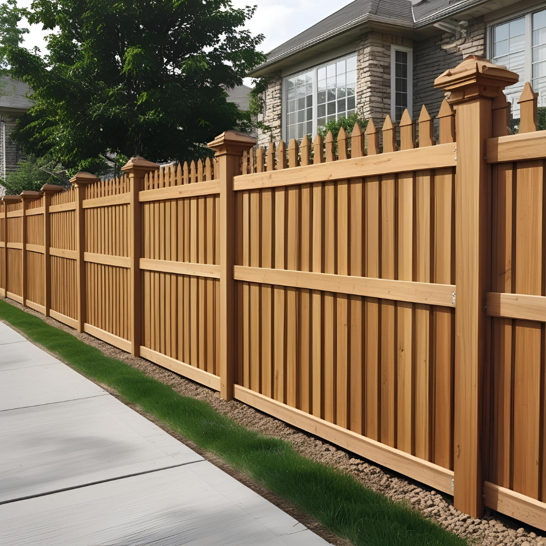  A well-maintained inexpensive yard fence made of vertical wooden planks with decorative posts, installed alongside a modern suburban home and a clean concrete sidewalk.