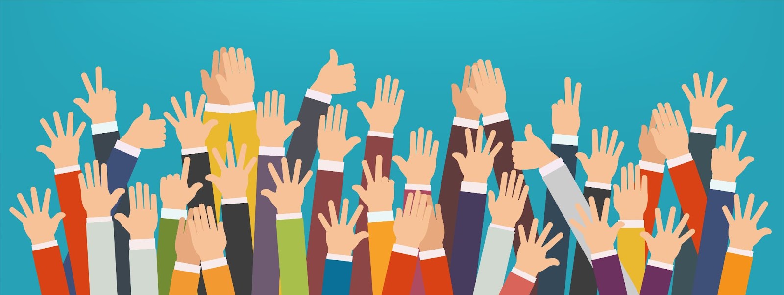 (Illustration of numerous raised hands in various skin tones and sleeves of different colors against a blue background, demonstrating team members' engagement. Some hands are giving a thumbs up, highlighting enthusiastic participation.)