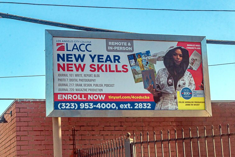 Billboard in the city advertising enrollment at Los Angeles City College 