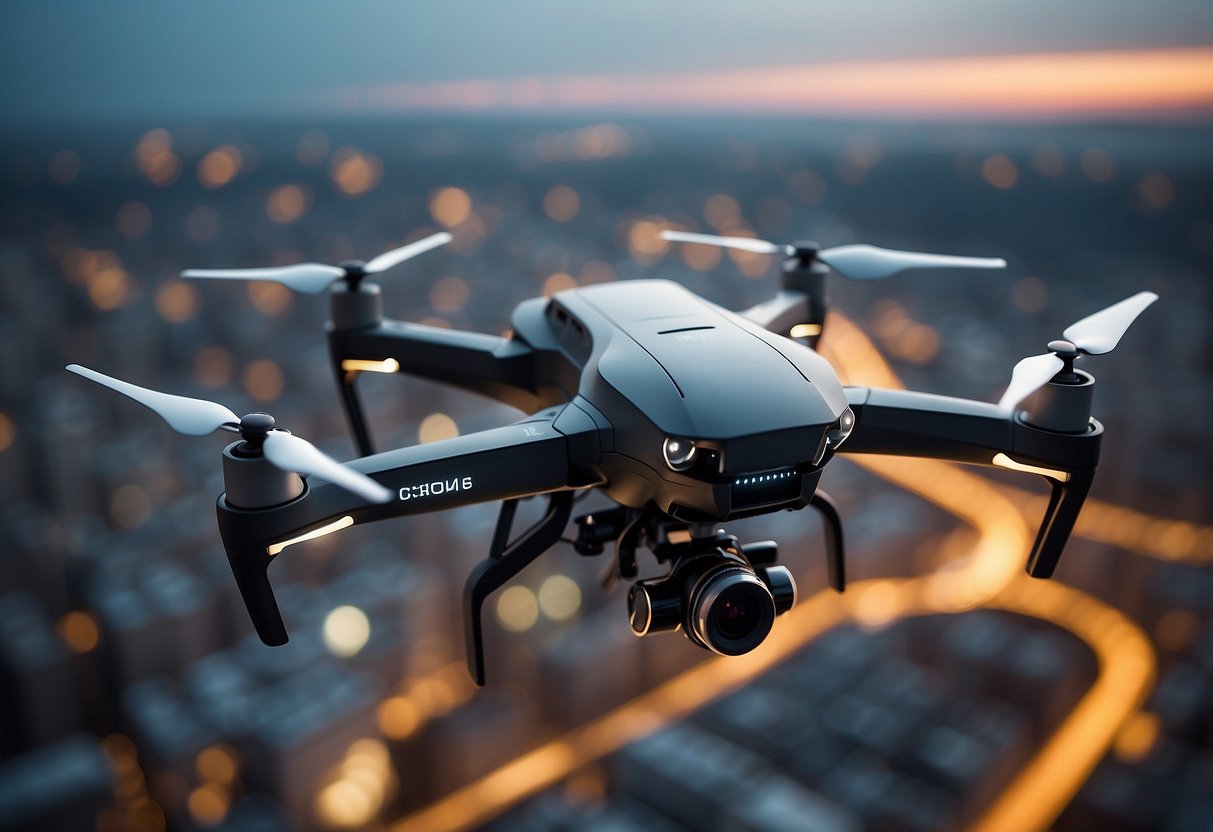 A drone hovers above a complex network of infrastructure, scanning for signs of wear and tear. The futuristic cityscape below presents a challenge for the drone's inspection capabilities