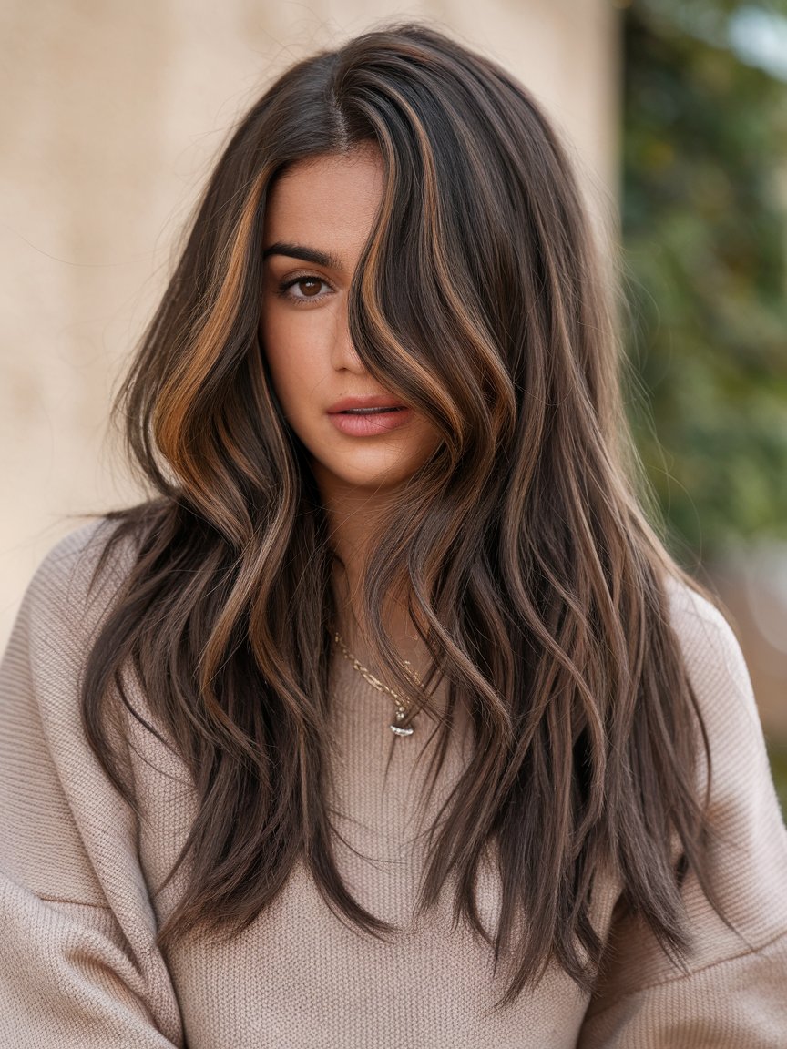 16. Subtle Caramel Highlights on Deep Brown Waves