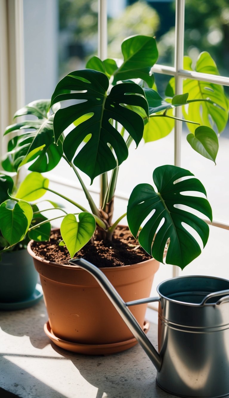 A lush Monstera plant with vibrant green leaves sits in a sunny window, surrounded by nutrient-rich soil and a watering can nearby