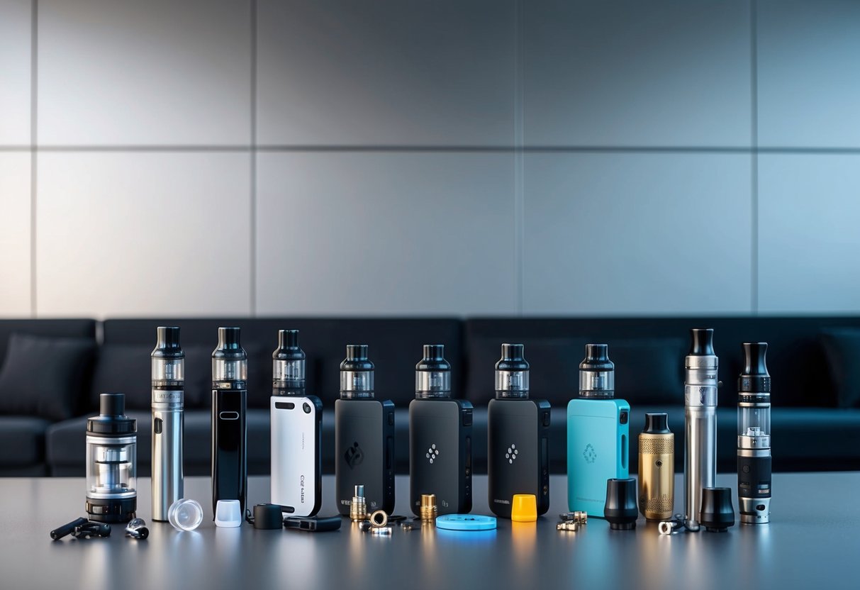 An array of e-cigarettes and vaping devices, including pods, mods, and tanks, are displayed against a modern, sleek backdrop. A variety of components and accessories are scattered around the devices, showcasing the latest trends in vaping technology