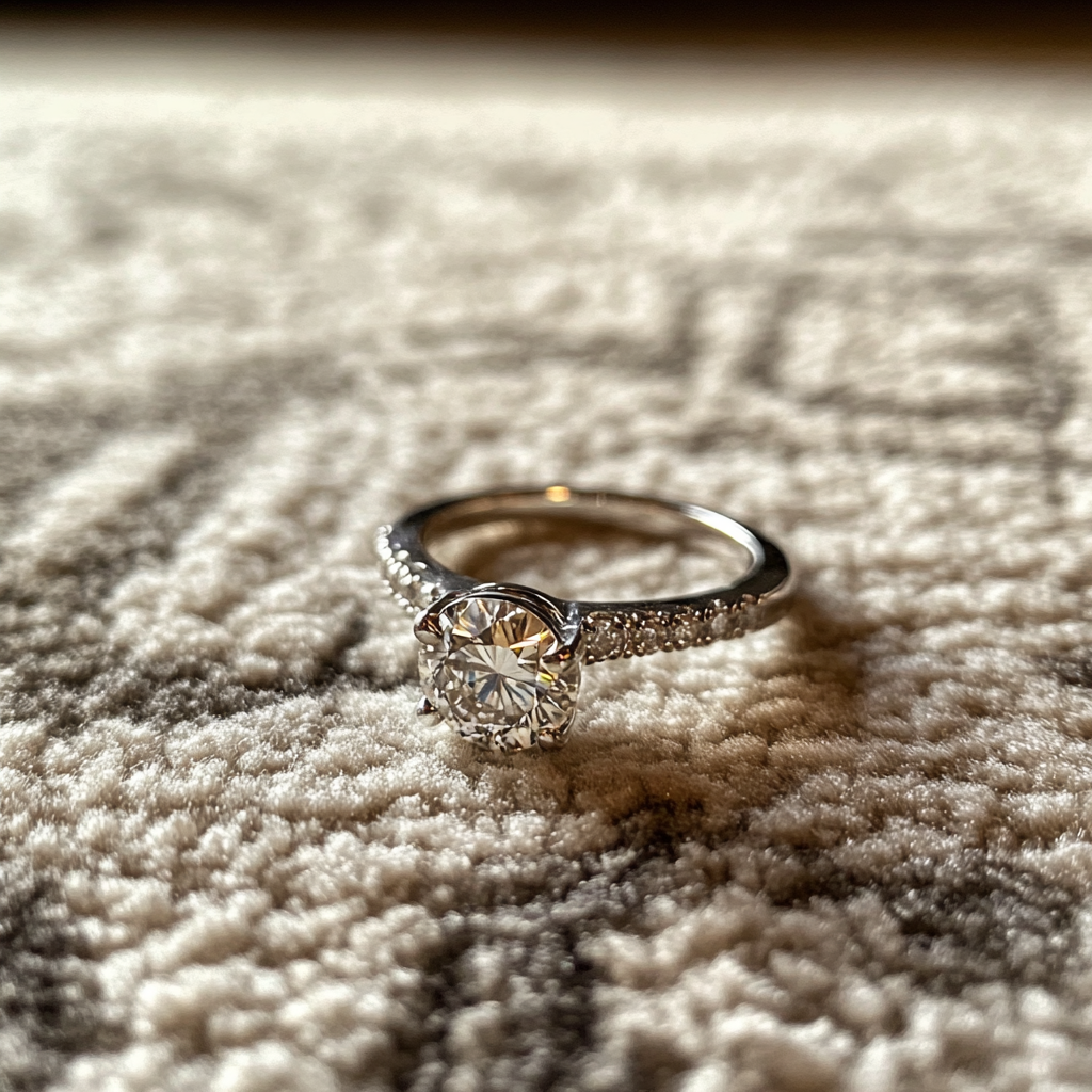 An engagement ring on a carpet | Source: Midjourney