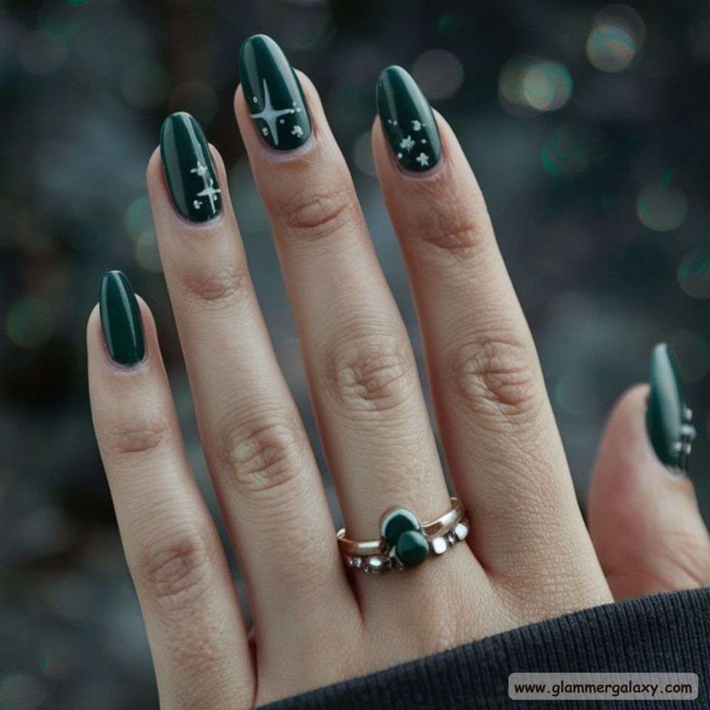 Winter and Fall Dark Green Nails having Mystical Elements
