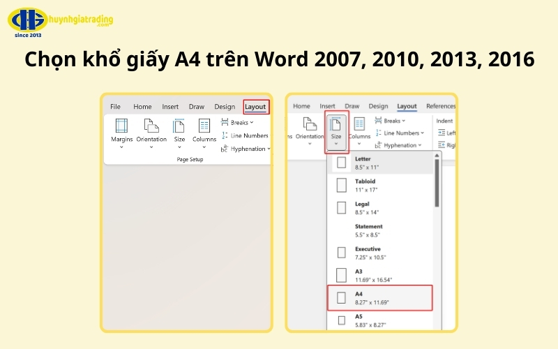 Chọn khổ giấy A4 trên Word 2007, 2010, 2013, 2016