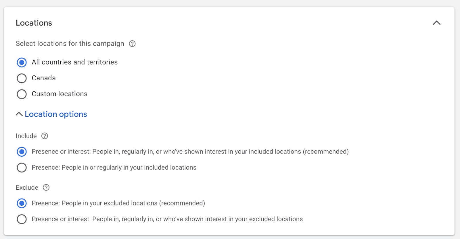 Location options settings