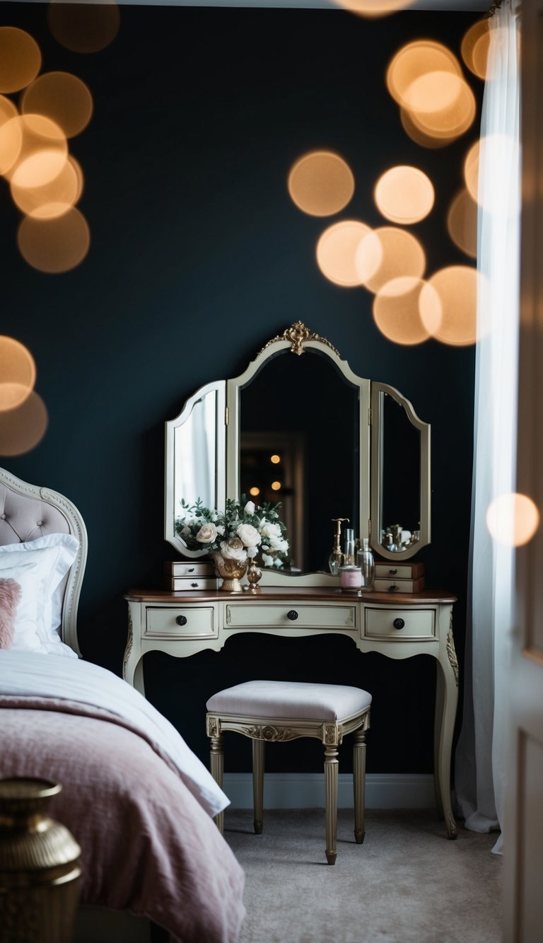 A dark, feminine bedroom with an antique vanity set