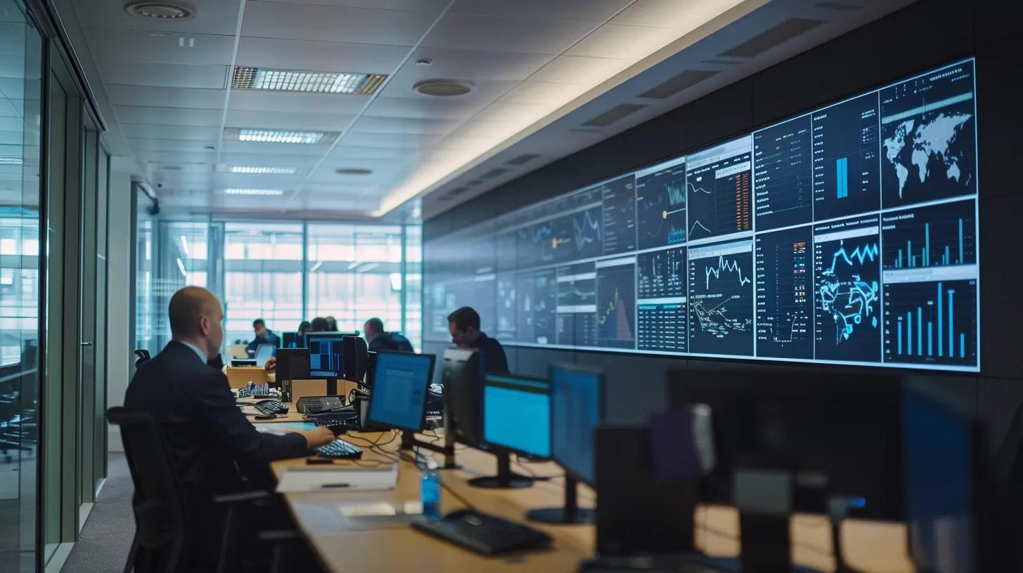 a modern office workspace features a large digital screen showcasing a dynamic interface of a website's breadcrumb navigation and internal linking strategies, with an engaged team of professionals analysing user journey optimisation.
