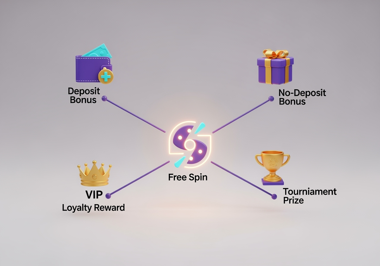An artistic, vibrant 3D infographic showing different types of casino bonuses floating in a clean, modern space. In the center, a glowing icon represents a 'free spin'. Branching out from it are distinct paths leading to other icons: a wallet with a plus sign for 'Deposit Bonus', a gift box for 'No-Deposit Bonus', a VIP crown for 'Loyalty Reward', and a trophy for 'Tournament Prize'. The style is sleek and professional, with a positive, engaging color palette of gold, purple, and cyan.