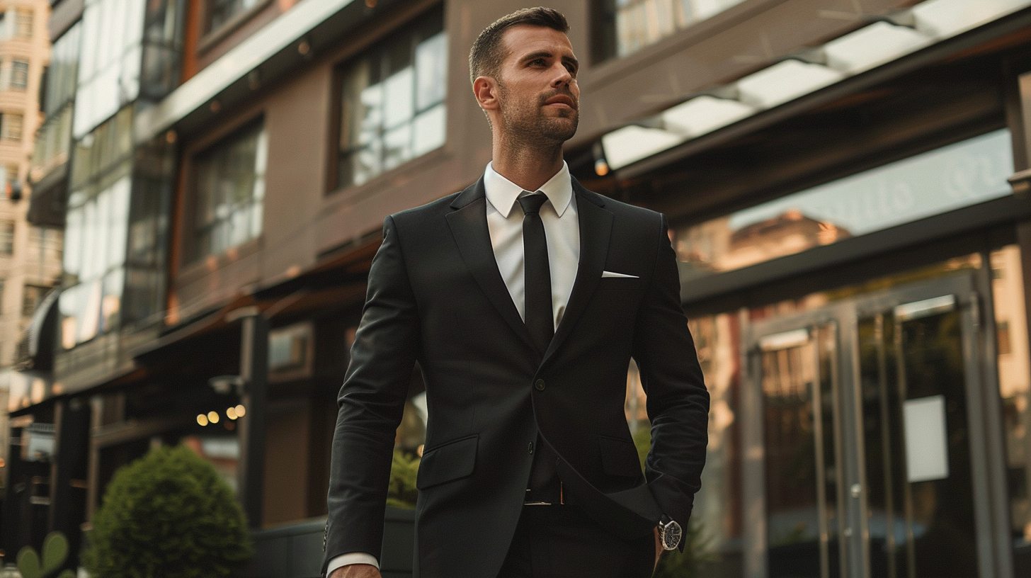 A man in a classic black single-breasted suit with one row of buttons and a white shirt. He walks confidently at a wedding venue entrance or business function. Simple, timeless, and versatile.