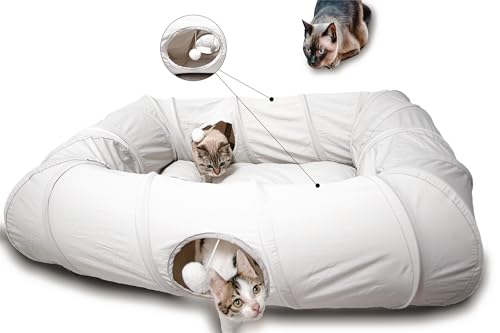 XxingSheep 4 Ways Shuttled XL Cat Tunnel Bed for Indoor Cats Peekaboo Cat Cave Donut with Cool Mat