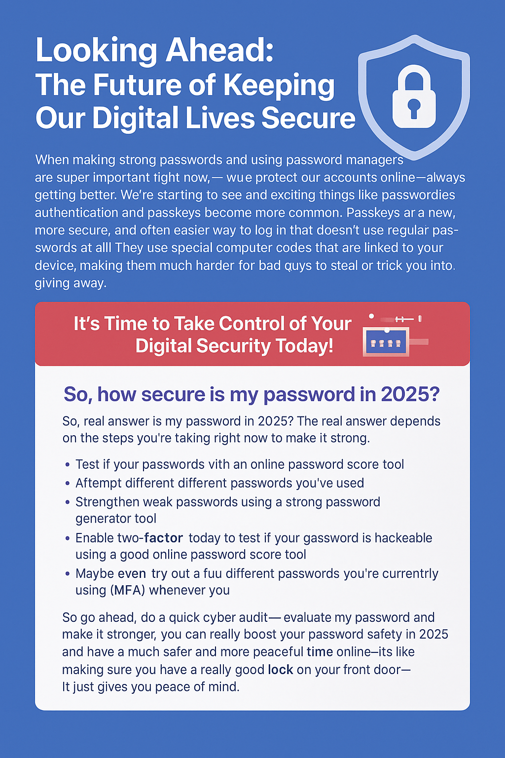 While making strong passwords and using password managers are super important right now in 2025, the way we protect our accounts online is always getting better. We're starting to see new and exciting things like passwordless authentication and passkeys become more common.
Passkeys are a new, more secure, and often easier way to log in that doesn't use regular passwords at all! They use special computer codes that are linked to your device, making them much harder for bad guys to steal or trick you into giving away. We're not quite in a completely passwordless login world yet, but it's definitely something really cool to keep an eye on for the future of password protection and 2025 online protection.
It's Time to Take Control of Your Digital Security Today!
So, how secure is my password in 2025? The real answer depends on the steps you're taking right now to make it strong. In today's digital world, having good, unique passwords for all your online accounts isn't just a good idea – it's absolutely essential for your personal security check and keeping your digital footprint safe.
Take a few minutes today to test if your password is hackable using a good online password score tool. Maybe even try out a few different passwords you're currently using. If they come back as weak, don't worry! Just take the time to make them stronger, maybe using a strong password generator tool and definitely thinking seriously about getting a password manager. And if you can, turn on that extra layer of security called two-factor and password strength (MFA) whenever you have the option.
Don't wait until something bad happens because of a weak password risks or an identity theft password check situation. By taking a little bit of time now to evaluate my password and make it stronger, you can really boost your password safety in 2025 and have a much safer and more peaceful time online. It's like making sure you have a really good lock on your front door – it just gives you peace of mind. So go ahead, do a quick cyber audit for passwords today – your future self will definitely thank you for it!
