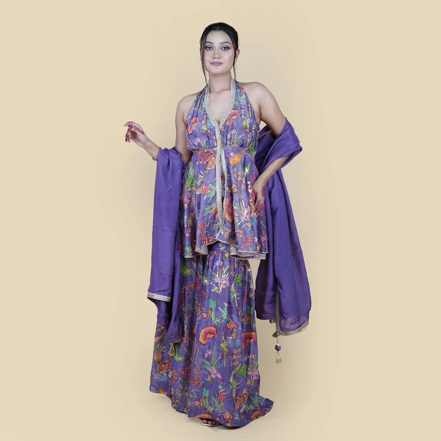 Trendy Crop Top Dhoti Set with Shrug