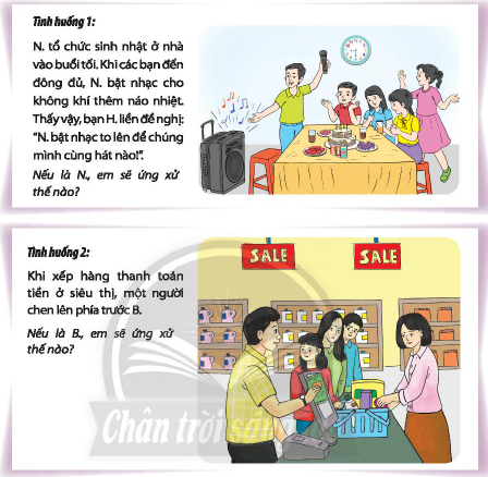 CHỦ ĐỀ 6. SỐNG HÒA HỢP TRONG CỘNG ĐỒNGTìm hiểu các hoạt động trong cộng đồng và những hành vi giao tiếp, ứng xử cần cóCâu 1: Kể tên các hoạt động trong cộng đồng mà em đã tham gia.Đáp án chuẩn:- Vệ sinh khu vực sống.- Sinh hoạt hè tại địa phương.- Tham gia lễ hội truyền thống.Câu 2: Chỉ ra những hành vi giao tiếp, ứng xử có văn hoá khi tham gia các hoạt động trng cộng đồng.Đáp án chuẩn:- Đúng giờ, tác phong nhanh nhẹn.- Mặc trang phục phù hợp với địa điểm và hoạt động.- Lễ phép với người lớn, thân thiện với trẻ nhỏ.- Không làm ồn ở nơi công cộng.- Tuân thủ các quy tắc chung tại nơi diễn ra hoạt động và nơi công cộng.Câu 3: Xác định các nguyên tắc khi tham gia hoạt động trong cộng đồng.Đáp án chuẩn:- Hiểu và tôn trọng văn hoá của cộng đồng.- Tuân thủ các quy định và tập quán của cộng đồng.- Thân thiện, cởi mở với mọi người.Câu 4: Chia sẻ về những cử chỉ, lời nói, thái độ em nhận được từ mọi người xung quanh khi em giao tiếp, ứng xử có văn hoá trong các hoạt động cộng đồng.Đáp án chuẩn:- Cử chỉ: tán dương, nhận được sự công nhận từ người khác.- Lời nói: khen ngợi, tuyên dương.- Thái độ: vui vẻ, thân thiện.Thực hiện những hành vi giao tiếp, ứng xử có văn hoá khi tham gia các hoạt động trong cộng đồngCâu 1: Thực hiện những hành vi sau khi tham gia các hoạt động cộng đồng:+ Nói, cười đủ nghe nơi công cộng.+ Xếp hàng trật tự nơi công cộng.+ Lựa chọn trang phục phù hợp nơi công cộng,+ Giữ gìn và bảo vệ cảnh quan nơi công cộng.+ Giúp đỡ và chia sẻ với mọi người.+ Lịch sự, vui vẻ trong giao tiếp.Đáp án chuẩn:HS tự thực hiện.Câu 2: Đóng vai thể hiện cách xử lí phù hợp trong các tình huống sau: Đáp án chuẩn:1. Nếu là N, em sẽ điều chỉnh âm nhạc để phù hợp vừa cho các bạn hát mà không làm phiền người nhà và hàng xóm.2. Nếu là B, em sẽ nhắc nhở người đó về việc xếp hàng đúng thứ tự và không chen ngang.3. Nếu là T, em sẽ khuyên S nhờ vào sự hỗ trợ của mọi người và cảnh báo nếu S không hợp tác thì có thể phải rời khỏi.4. Nếu là D và T, em sẽ yêu cầu G về nhà để thay đồ hoặc không cùng đi lễ chùa nữa.Câu 3: Chia sẻ cảm xúc của em khi đóng vai thể hiện hành vi giao tiếp, ứng xử có văn hóa trong các tình huống trên. Đáp án chuẩn:- Em cảm thấy cách giao tiếp và ứng xử có văn hóa rất quan trọng để duy trì sự vui vẻ, tích cực và lối sống văn minh trong cuộc sống.Thể hiện tôn trọng sự khác biệt trong cộng đồngCâu 1: Đưa ra cách ứng xử của em thể hiện tôn trọng và chấp nhận sự khác biệt trong các trường hợp sau: Đáp án chuẩn:1. Em sẽ yêu cầu bạn nói lại một lần nữa vì em chưa nghe rõ.2. Em sẽ yêu cầu mọi người ngừng bàn tán và lại gần để trò chuyện với người mặc trang phục lạ, để họ không cảm thấy bị phân biệt.Câu 2: Chia sẻ cảm nhận của em khi thực hiện tôn trọng sự khác biệt. Đáp án chuẩn:Cảm nhận của em khi tôn trọng sự khác biệt là vui vẻ và tự hào vì đã ứng xử một cách văn minh và lịch sự.Thể hiện sự không đồng tình với những hành vi, thái độ kì thị giới tính, dân tộc, địa vị xã hộiCâu 1: Xây dựng nội dung cho bài thuyết trình thể hiện sự không đồng tình với những hành vi, thái độ kì thị giới tính, dân tộc và địa vị xã hội. Đáp án chuẩn:Kì thị giới tính, dân tộc, địa vị xã hội hiện nay có biểu hiện như trọng nam khinh nữ, miệt thị đồng tính, chế nhạo người dân tộc thiểu số, và phân biệt xã hội giữa người giàu và người nghèo.Câu 2: Thuyết trình trước lớp thể hiện sự không đồng tình với những hành vi, thái độ kì thị giới tính, dân tộc và địa vị xã hội. Đáp án chuẩn:Phân biệt chủng tộc đã và đang là một thách thức lớn đối với nhân loại. Nguyên nhân của hiện tượng này xuất phát từ sự thiếu tôn trọng, đồng cảm và sẻ chia giữa con người với con người. Từ sự khinh bỉ của một số người da trắng đối với cộng đồng gốc Phi đến sự dè chừng của phương Tây đối với người Hồi giáo, chúng ta có thể thấy nguyên nhân này phổ biến khắp nơi. Hậu quả của phân biệt chủng tộc là rất khủng khiếp, ảnh hưởng đến cả an ninh và hòa bình trong các quốc gia, thậm chí ở Mỹ - một quốc gia nổi tiếng với nền dân chủ, vẫn còn những dấu hiệu của nó. Câu 3: Sử dụng bài thuyết trình để tuyên truyền, vận động mọi người thể hiện sự tôn trọng và chấp nhận sự khác biệt, tránh kì thị về giới tính, dân tộc và địa vị xã hội.Đáp án chuẩn:HS tự thực hiện.Giới thiệu truyền thống tự hào của địa phươngCâu 1: Lựa chọn và tạo sản phẩm giới thiệu về truyền thống tự hào của địa phương em. Đáp án chuẩn:Câu 2: Dùng sản phẩm đã tạo để giới thiệu về những truyền thống tự hào của địa phương em trước thầy cô và các bạn. Đáp án chuẩn:Học sinh tự thực hiện.Câu 3: Chia sẻ cảm xúc và bài học em rút ra sau khi tham gia và vận động mọi người cùng tham gia các hoạt động đó. Đáp án chuẩn:+ Vui vẻ, hạnh phúc khi giúp đỡ mọi người.+ Mong muốn tham gia và chia sẻ nhiều hơn.+ Yêu thích hoạt động thiện nguyện.Giới thiệu truyền thống tự hào của địa phươngCâu 1:  Lựa chọn và tạo sản phẩm giới thiệu về truyền thống tự hào của địa phương em.Đáp án chuẩn:Truyền thống ở địa phương em là tương thân tương ái, một giá trị đáng tự hào của dân tộc ta. Trong đời sống xã hội, với những biến động thất thường của cuộc sống, lòng tương thân tương ái giúp xây dựng sự đoàn kết và hỗ trợ trong xã hội. Đây là phẩm chất nhân ái cần thiết để xây dựng một xã hội bình đẳng, thân ái và hòa bình. Tinh thần này đã giúp dân tộc vượt qua nhiều thử thách, bảo vệ độc lập và sự sống còn của đất nước trong suốt lịch sử. Câu 2: Dùng sản phẩm đã tạo để giới thiệu về những truyền thống tự hào của địa phương em trước thầy cô và các bạn.Đáp án chuẩn:HS tự thực hiện.Thực hiện nếp sống văn minh và tham gia các hoạt động thiện nguyện tại nơi cư trú 