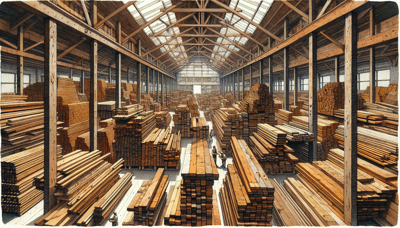 Reclaimed lumber and wood in a warehouse setting