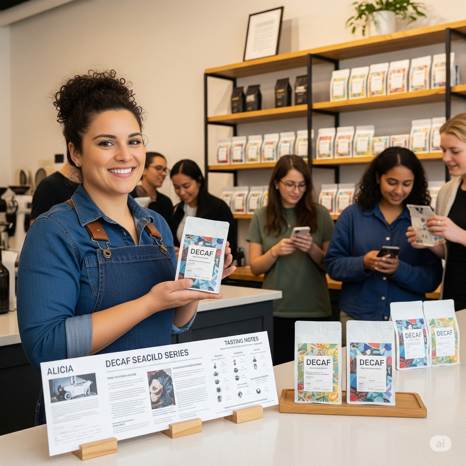 A smiling barista holds a bag of specialty decaf coffee while customers browse in a modern coffee shop.