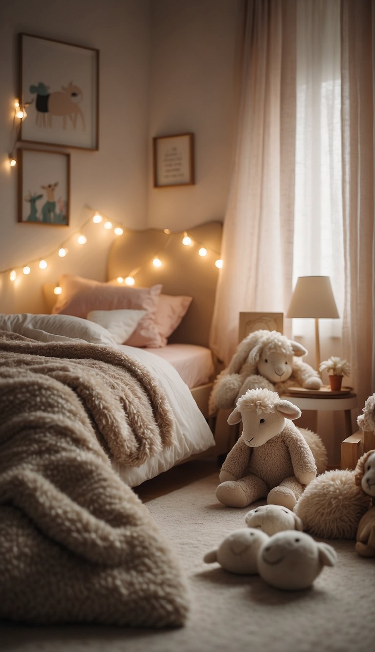 A cozy kids' bedroom with Sleepy Sheep fabric, soft lighting, and plush toys