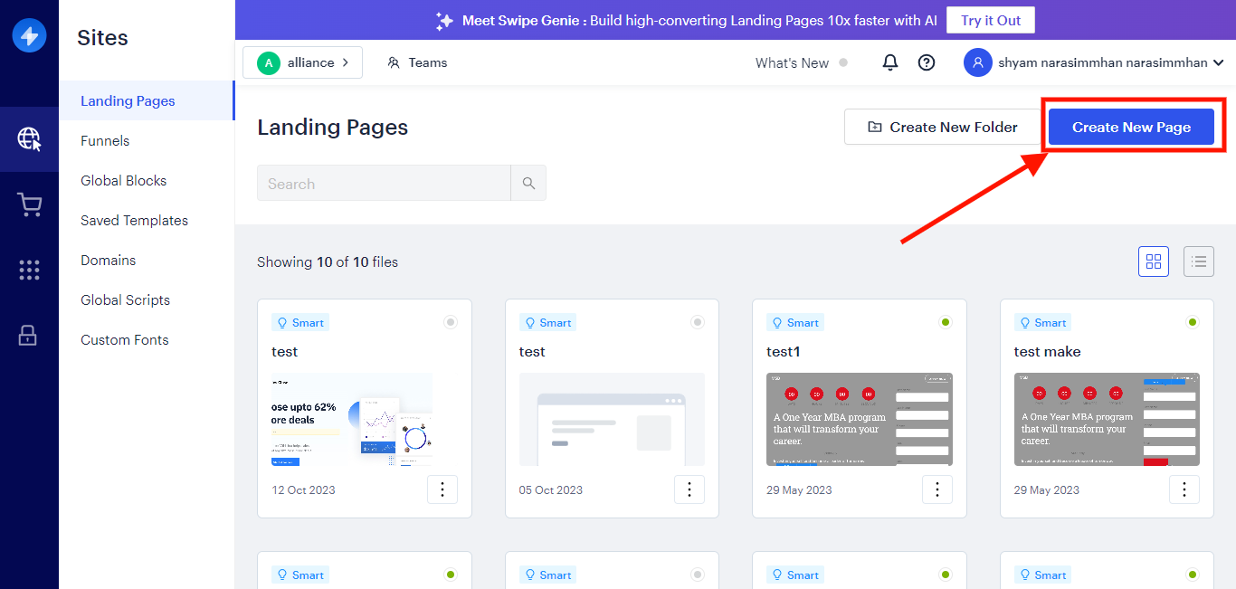 Image showing the Swipe Pages dashboard with the “Create New Page” button highlighted.
