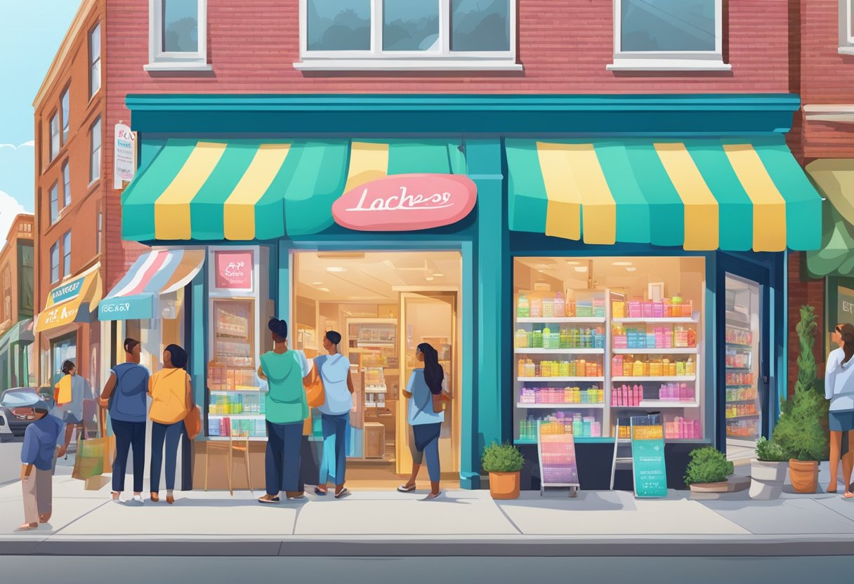 A busy street in Hackensack lined with storefronts selling various lash care products, with colorful displays and signage drawing in customers