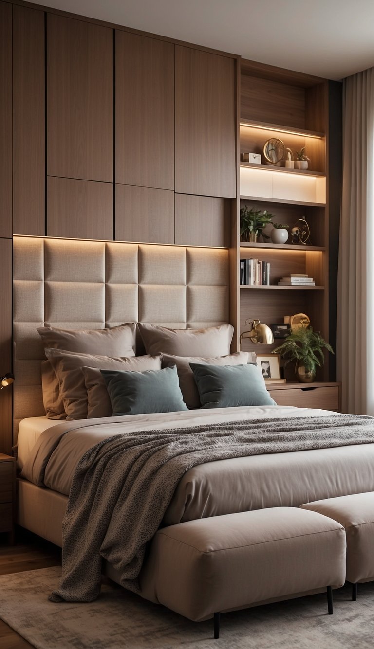 A custom headboard with built-in storage stands tall in a cozy bedroom, surrounded by 25 bedroom ideas for couples