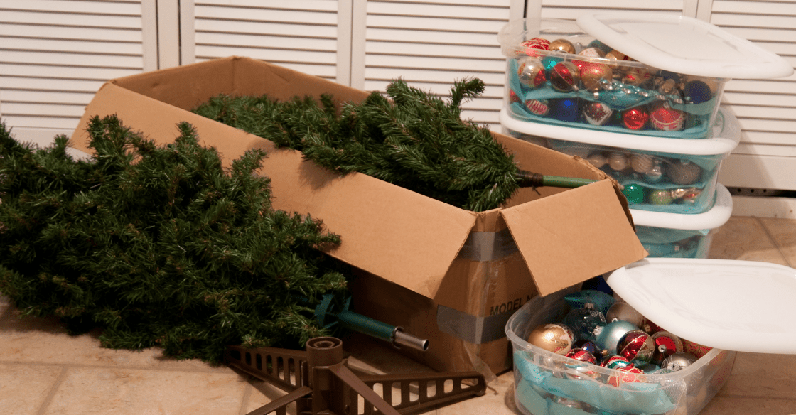 Holiday decor in boxes to store in a storage locker