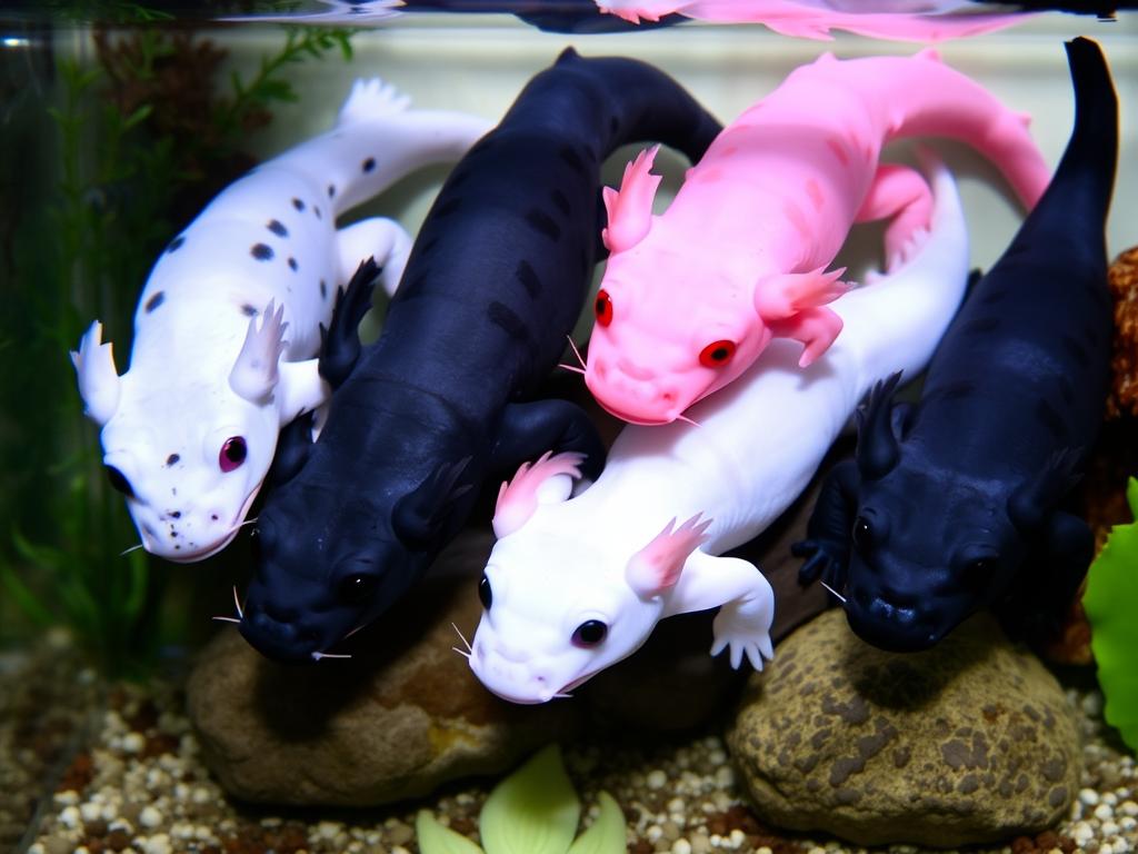 Various color morphs of axolotls in an aquarium setting