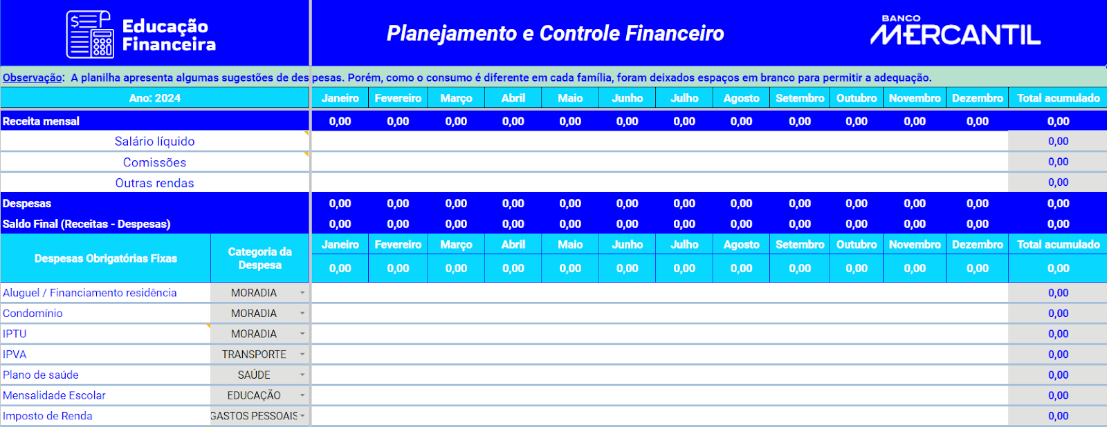 Planilha grátis para controle financeiro do Banco Mercantil. 