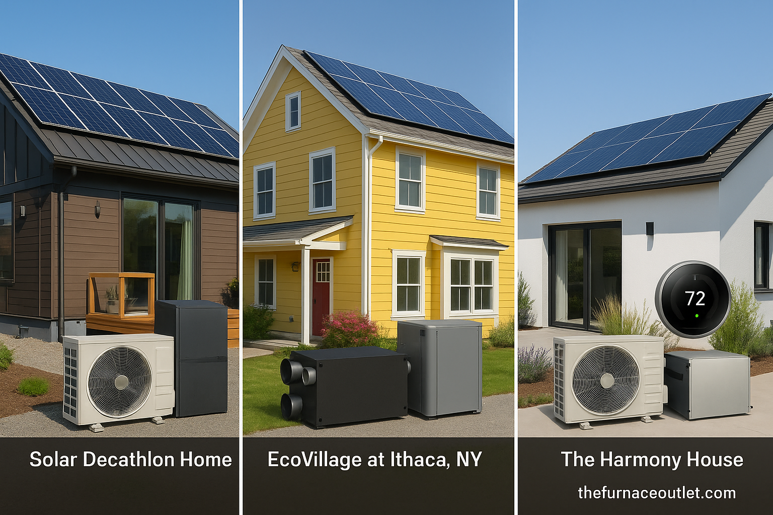 A composite digital photograph from thefurnaceoutlet.com shows three net-zero homes—Solar Decathlon, EcoVillage at Ithaca, and The Harmony House—each with solar panels, HVAC systems including air-source or geothermal heat pumps, ERVs, and smart thermostats, highlighting real-world energy efficiency solutions.