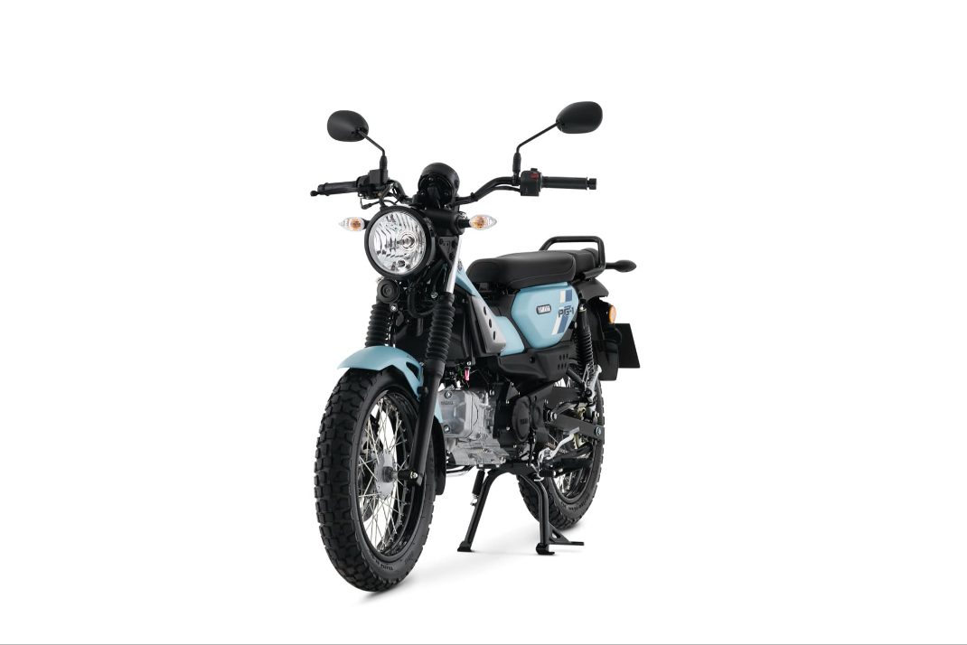 A blue motorcycle on a standAI-generated content may be incorrect.