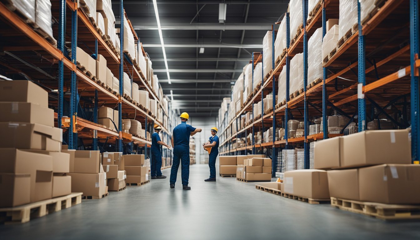 A warehouse filled with neatly stacked shelves of various products, with workers packaging and labeling items for shipment