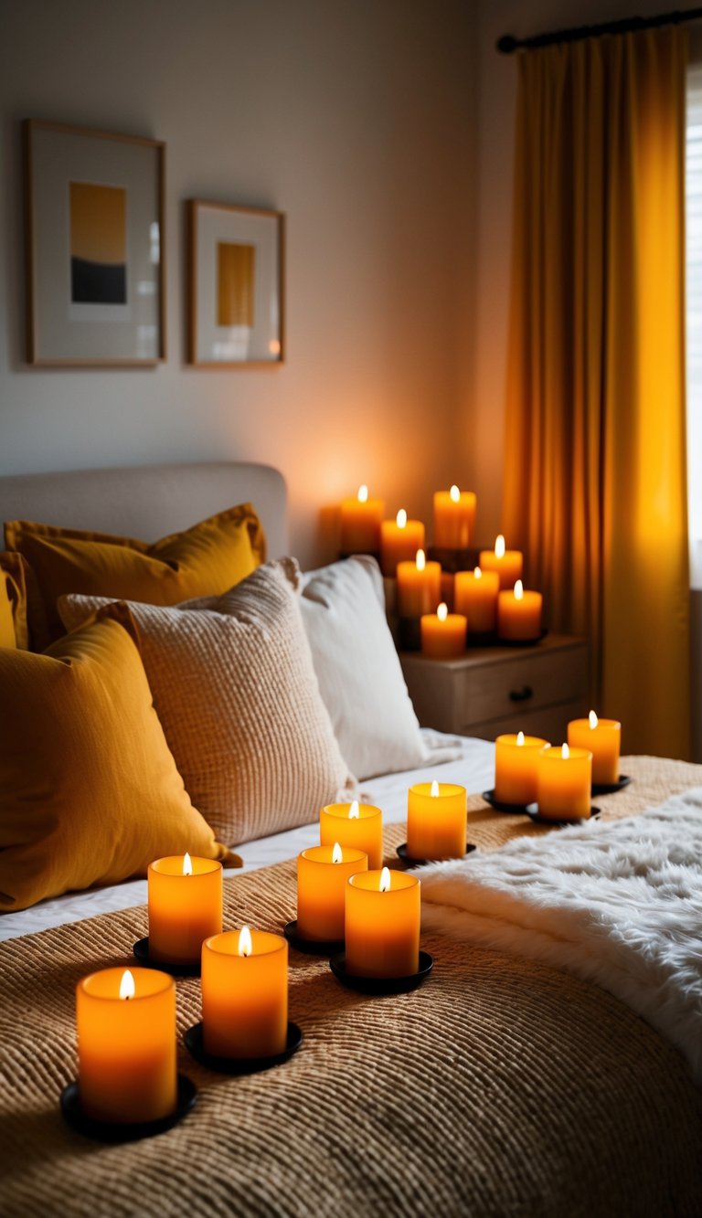 A cozy bedroom with 21 amber candle holders casting a warm glow, creating a serene and inviting atmosphere in a yellow-themed decor