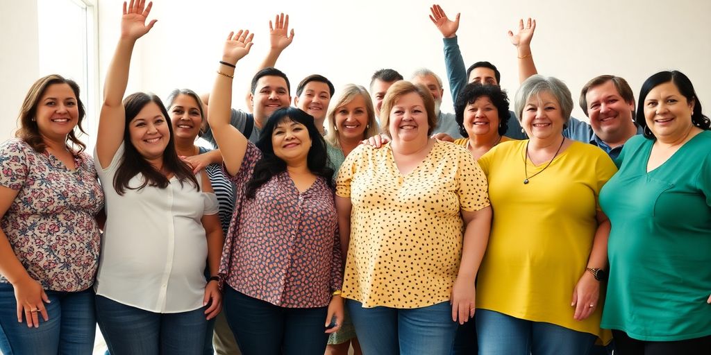 Grupo diverso celebrando após cirurgia bariátrica.