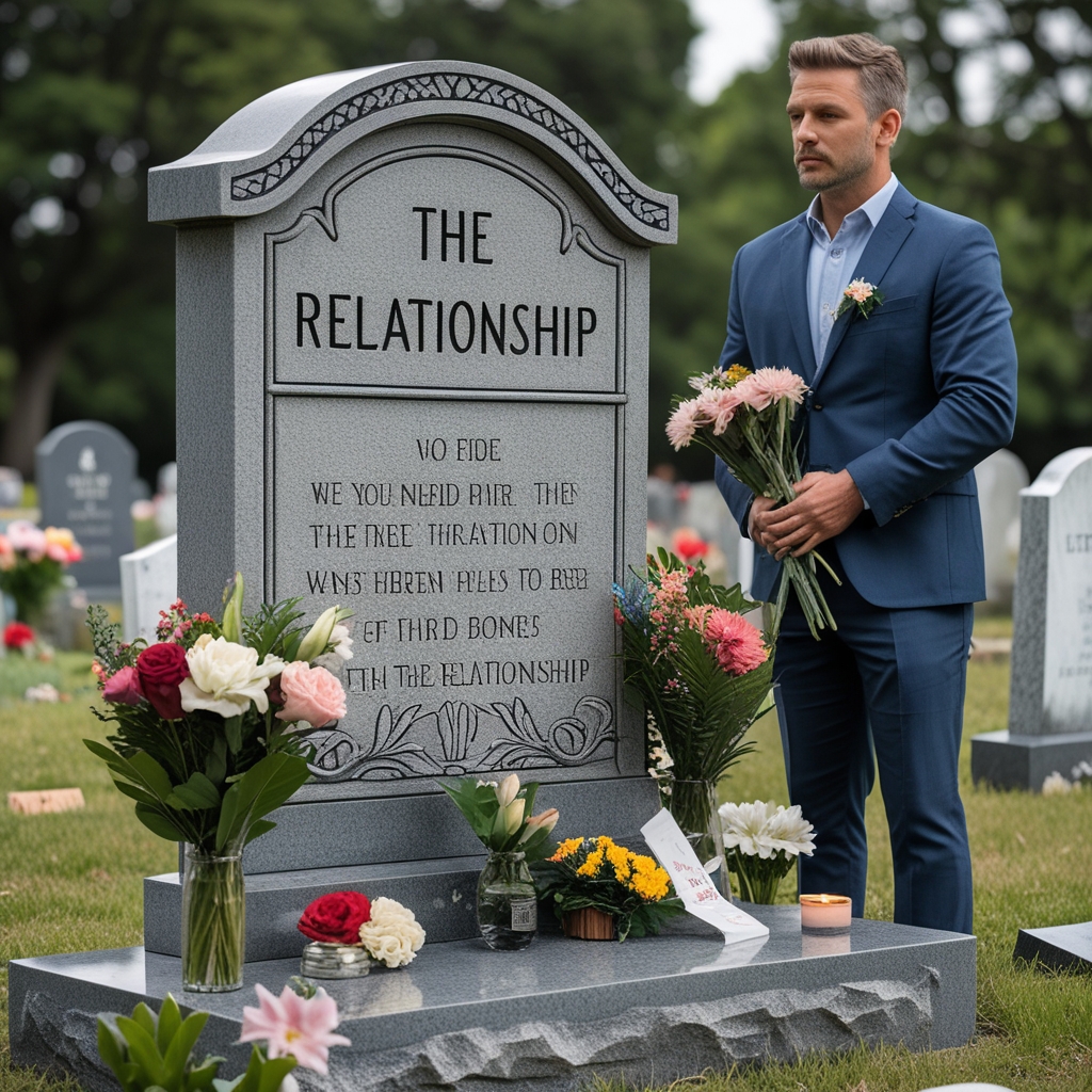 A gravestone with “The Relationship” etched on it, while the man stands there with flowers