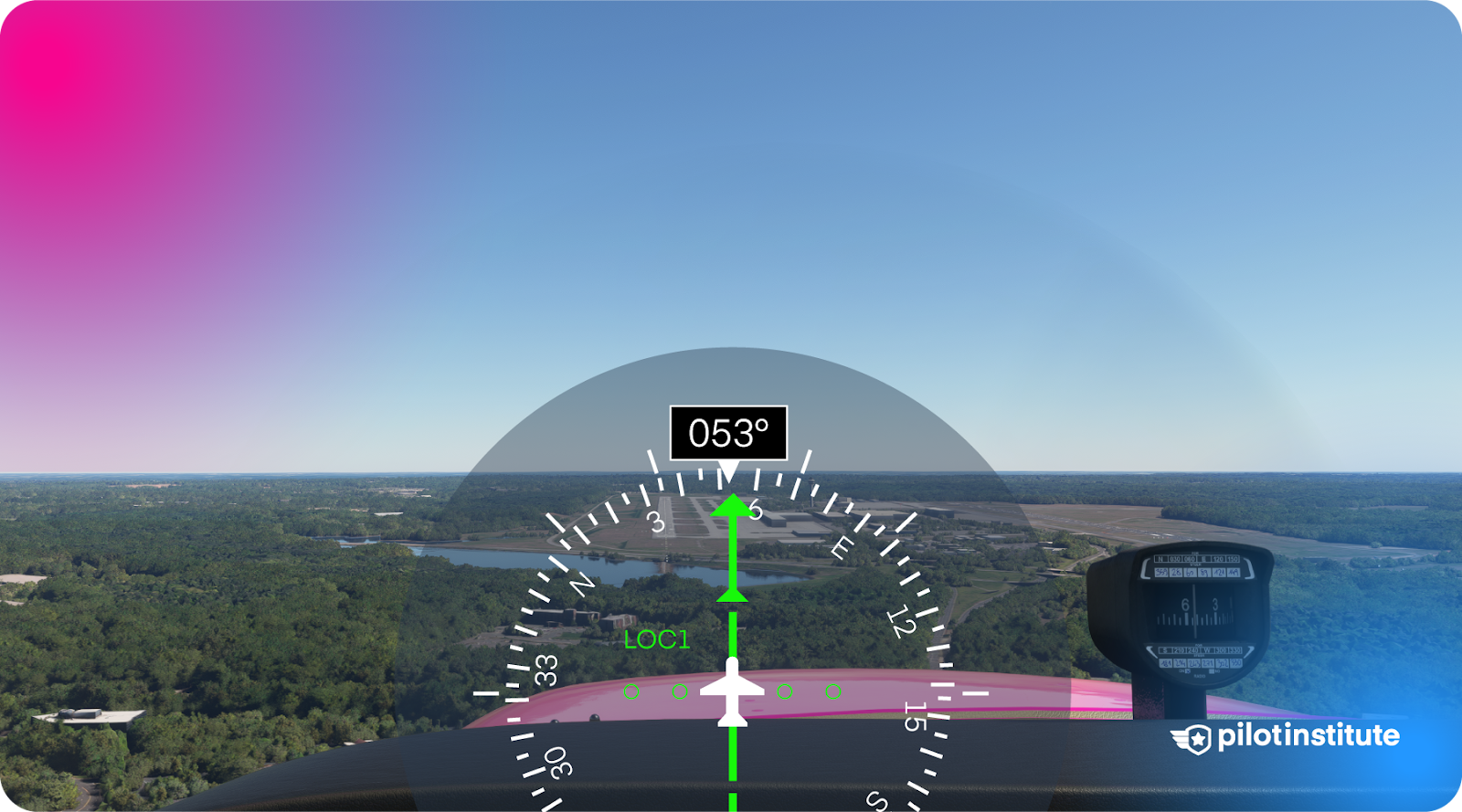 Image of a view out of the cockpit and a a transparent view of the CDI.