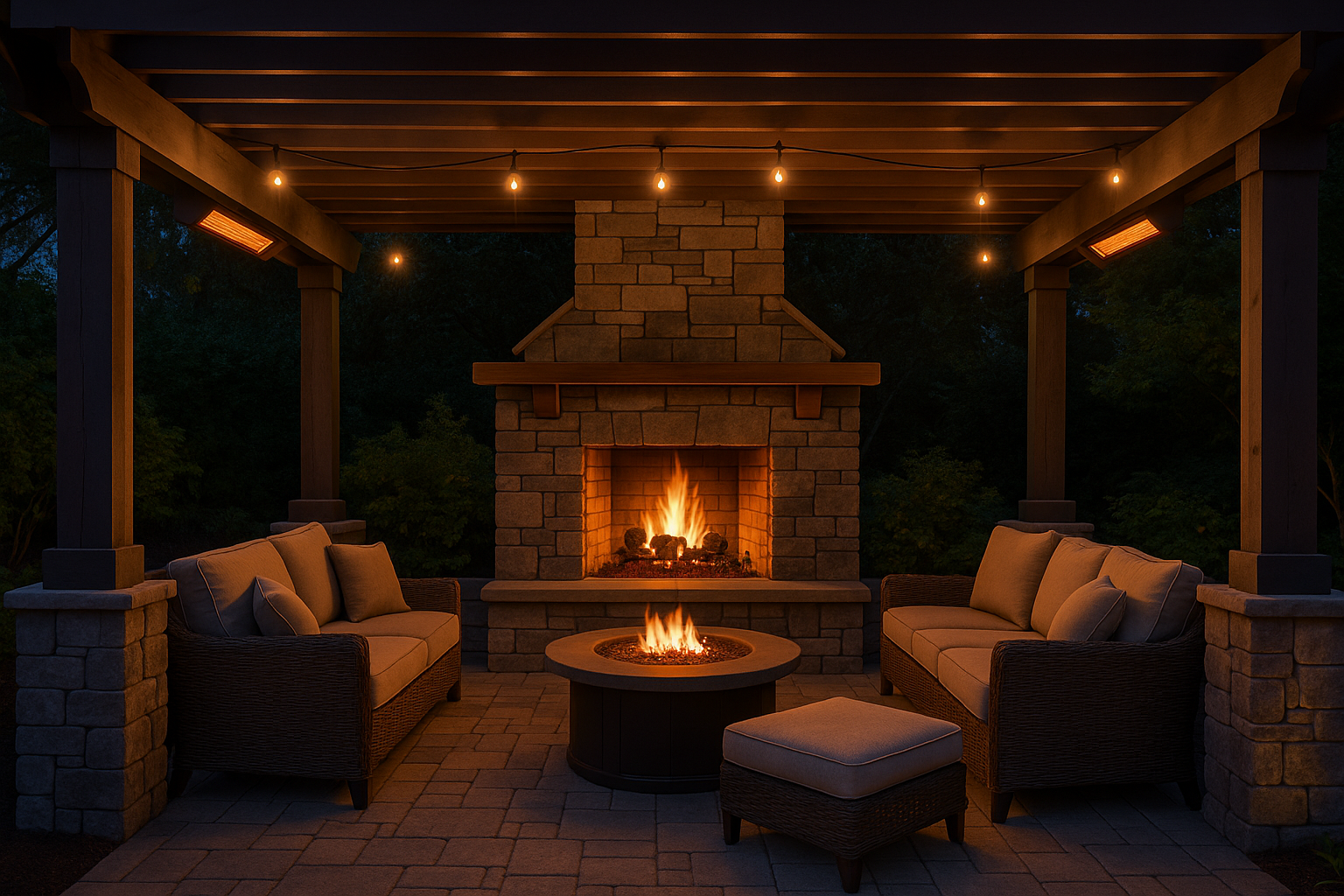 Outdoor pergola with fireplace and heating elements surrounded by cozy seating.