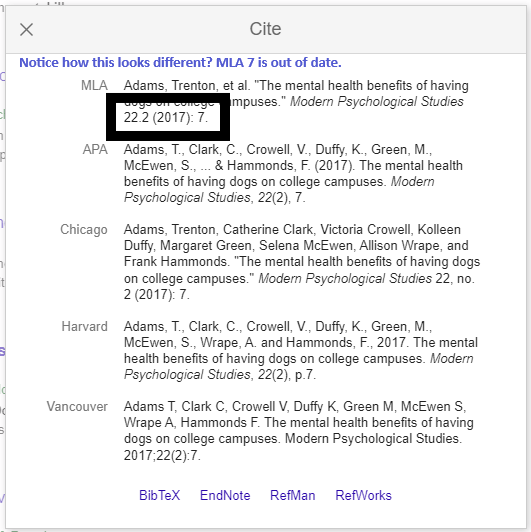 the Google Scholar citation generator highlighting that the MLA citations are out of date.