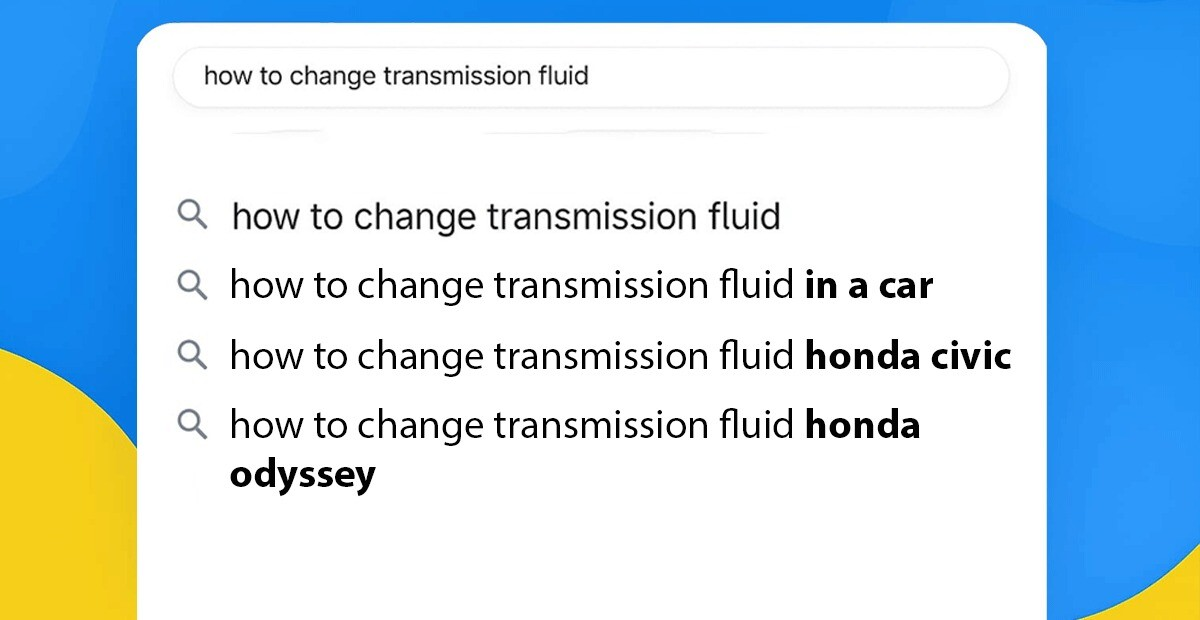 Google search suggestions for “how to change transmission fluid,” including related queries for cars, Honda Civic, and Honda Odyssey.