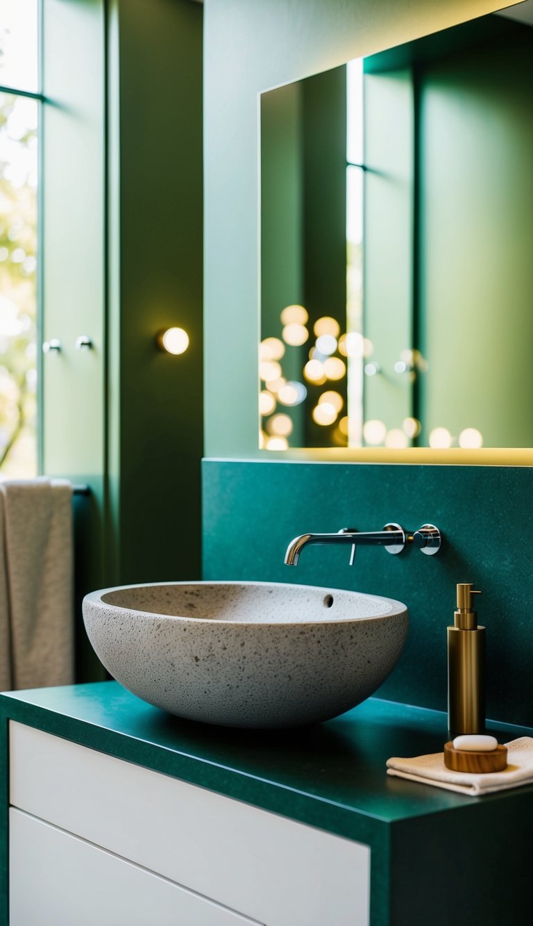 A natural stone basin sits in a modern green bathroom, surrounded by sleek fixtures and minimalist decor