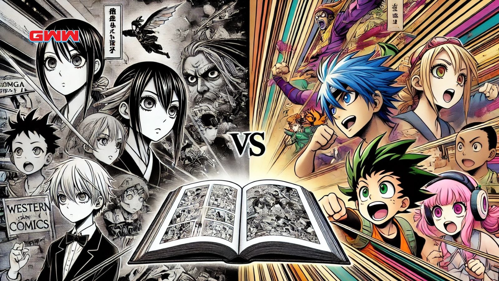 A wide image illustrating the difference between manga and Western comics. 