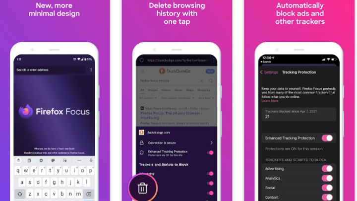 image showing the key features of Firefox focus browser.