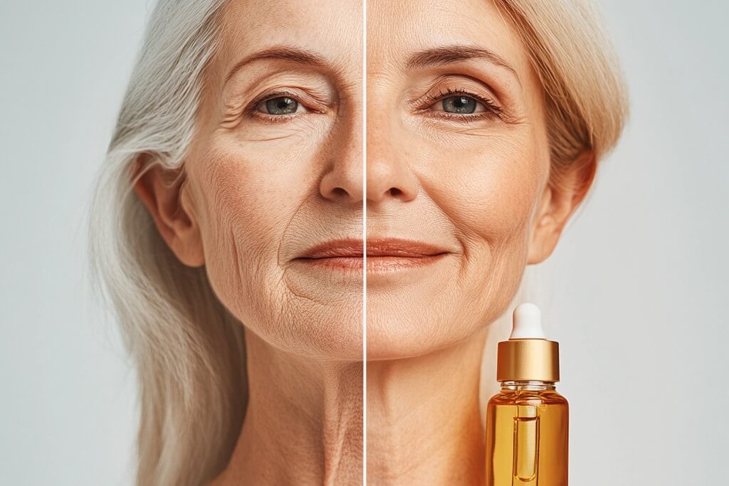 old woman before and after applying magnesium oil benefits on skin