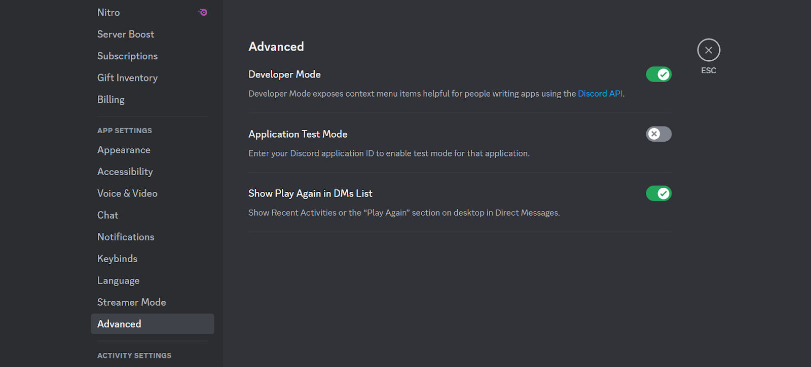 Screenshot of discord's webapp showing to switch on developer mode.