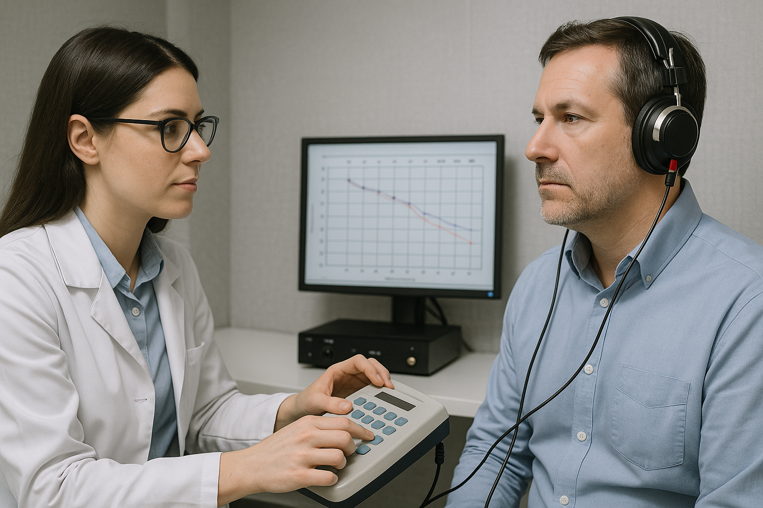 An audiologist conducting a hearing test with a male patient wearing headphones, with an audiogram chart displayed on a screen in the background.