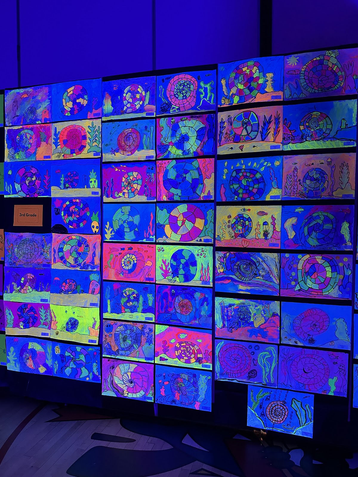 Glow-in-the-dark student artwork on display