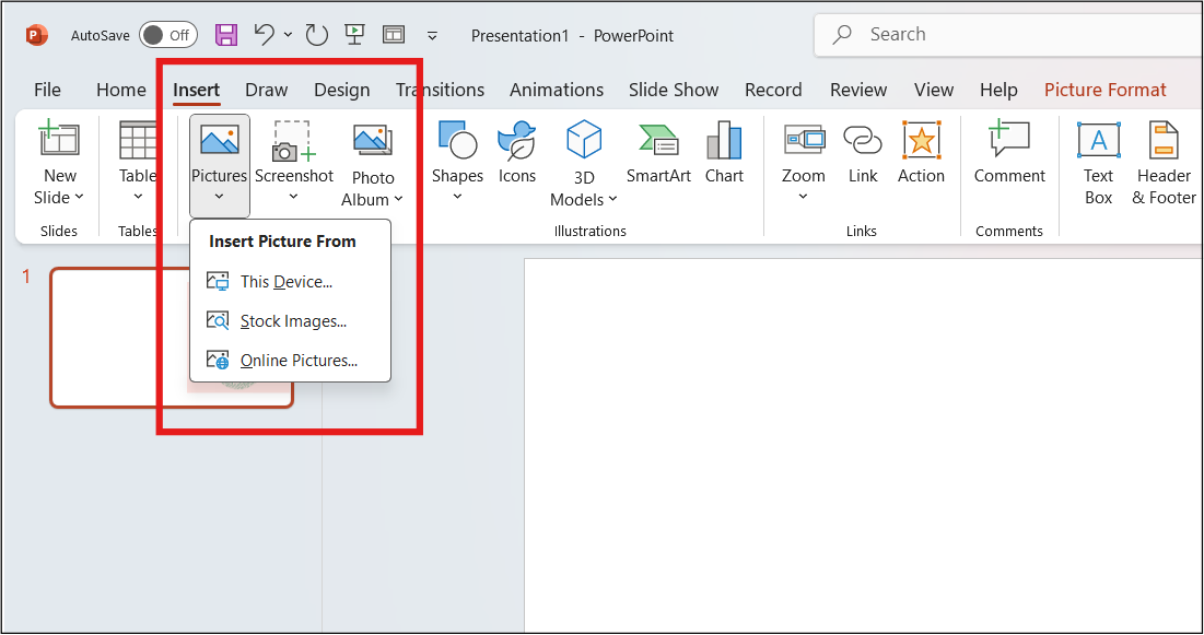 PowerPoint interface with Insert Picture From This Device, Stock Images, and Online Pictures options highlighted. 